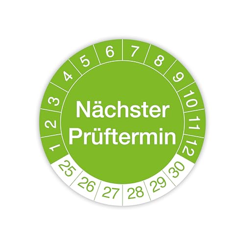 Prüfplakette „Nächster Prüftermin“ – 140 Stück – Selbstklebende, UV-beständige und wetterfeste Prüfetiketten für Betriebsmittelprüfungen, Inspektionen, Leitern und Tritte (Ø 30 mm, Grün) von IH Engineering BV