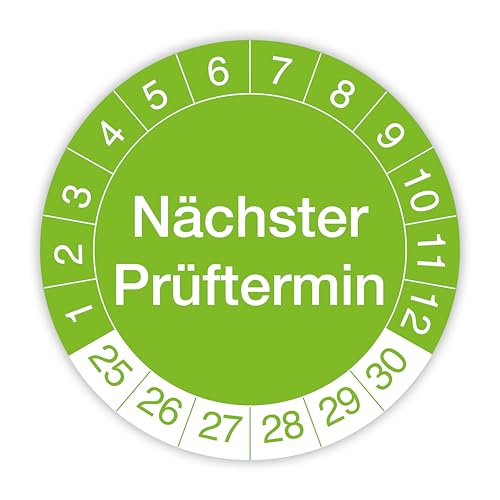 Prüfplakette „Nächster Prüftermin“ – 560 Stück – Selbstklebende, UV-beständige und wetterfeste Prüfetiketten für Betriebsmittelprüfungen, Inspektionen, Leitern und Tritte (Ø 30 mm, Grün) von IH Engineering BV