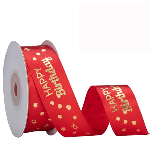 IHKFILAN Satinband für Geschenkverpackung, 1 Zoll 25 Yards alles Gute zum Geburtstag, Polyesterband mit goldenen Buchstaben für Einladungen Blumensträuße Geburtstagsfeiern DIY (Red, Happy Birthday) von IHKFILAN