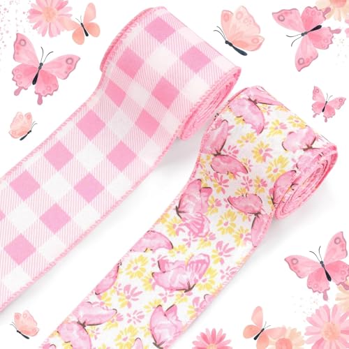 2 Rollen Rosa Blumen Schmetterling Bänder mit Draht, Satin Band Frühlings Blumen Deko- Sackleinenband zum DIY Verpacken von Geschenken Kränzen Schleifen Hochzeiten Geburtstagsfeiern (Rosa) von IHLOOTD