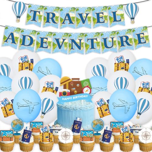 Bon Voyage Party Dekoration,Adventure Party Dekorations Set,Reise-Themenparty-Dekorations Set Globale Reisekarte Banner Cake Topper Latex Ballon Deko Set Für Retirement Parties Abschiedsparty von IHLux