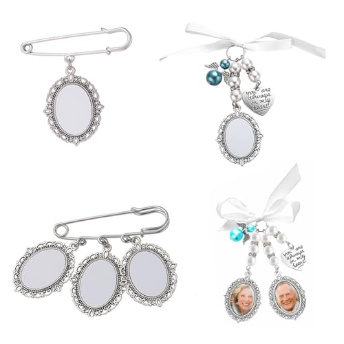 IHLux 4 Stück Hochzeitsstrauß Foto Charm, Ovale Glascabochon Bilderrahmen Ästhetisch Brautstrauß Charm Foto mit Schleifenknoten Strass Perle Herz-Anhänger für Hochzeitsfeier Dekorationen von IHLux