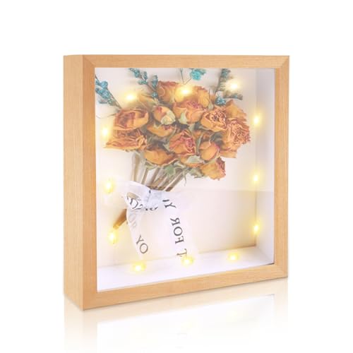 IHONYI 3D Bilderrahmen Zum Befüllen - Personalisierbare Spardose Bilderrahmen,Objektrahmen Tief 20x20cm für Objekt Bis 3.2cm,Rahmen für Sparen/Deko Wand,mit 3M LED Lichterkette&Bänder,Holz von IHONYI