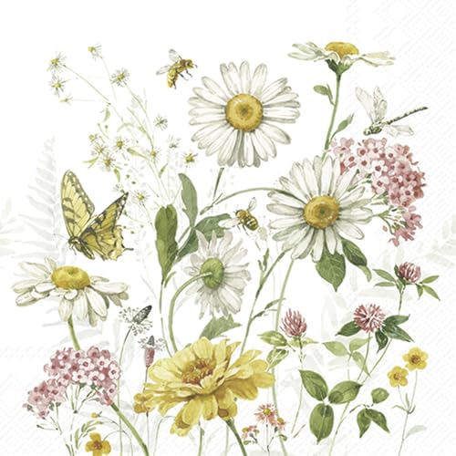 IHR - C 1068200 - Cocktail Papierservietten, Wildflower and Butterfly, Wildblumen und Schmetterling, grün, 20 Stück, 12,5cm x 12,5cm, 3 lagig von IHR Ideal Home Range