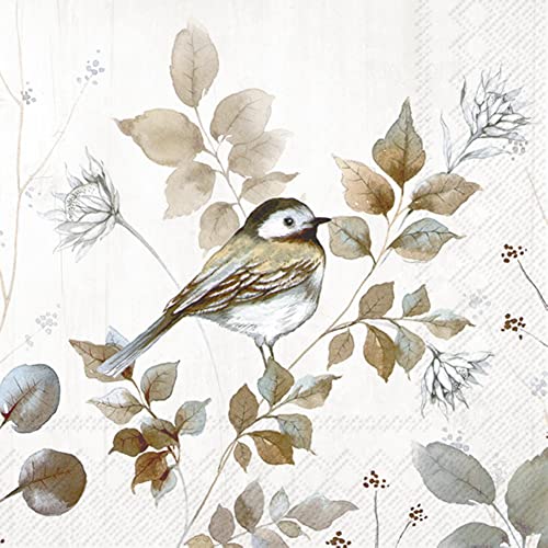 IHR Ideal Home Range - Weihnachtsservietten WOODLAND BIRDS Meise Vogel Laub Blätter winterlich nature 20 St. Cocktail-Servietten 25 cm x 25 cm von IHR Ideal Home Range