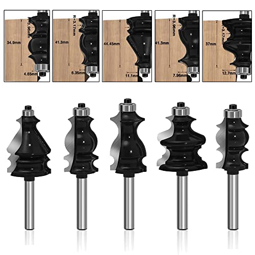 Fräser-Set für architektonische Formen, 5-teilig, 1/4-Zoll-Schaft, Fräser-Sets für Holz zum Abrunden von Ecken, Fräswerkzeug für die Holzbearbeitung, Hartmetall-CNC-Fräser (1/4-Linie) von IHVBRHHM