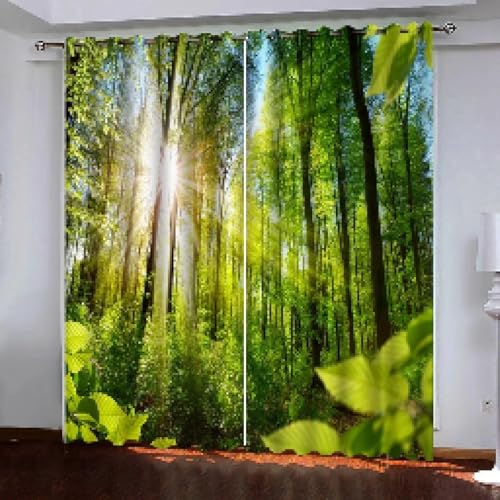 IKDZCM Natürlicher Wald, grünes Baummuster, Schlafzimmer, Wohnzimmer, hohe Verdunkelungsvorhänge, natürliche Landschaft, Dicke Schattierungsvorhänge WxH/2x100x185cm gardinen kinderzimmer von IKDZCM