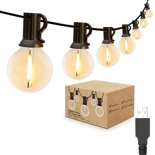 IKERY USB-Garten-Lichterkette, 15 m, warmweiß, 25 + 1 COB-Globus-Leuchtmittel, IP65 wasserdicht, festliche Lichter für den Innen- und Außenbereich, für Pavillon, Weihnachten, Hinterhof, Party, von IKERY