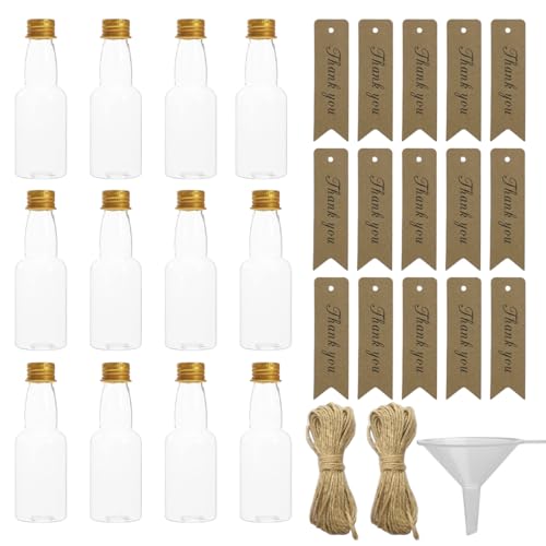 IKOPFLN 12 Stück Mini Plastikflaschen 50ml - Wiederverwendbare Leere Schnapsflaschen | Reise Party Picknick Gastgeschenk | Transparent mit Deckel und Trichter | Vintage Geschenkidee von IKOPFLN