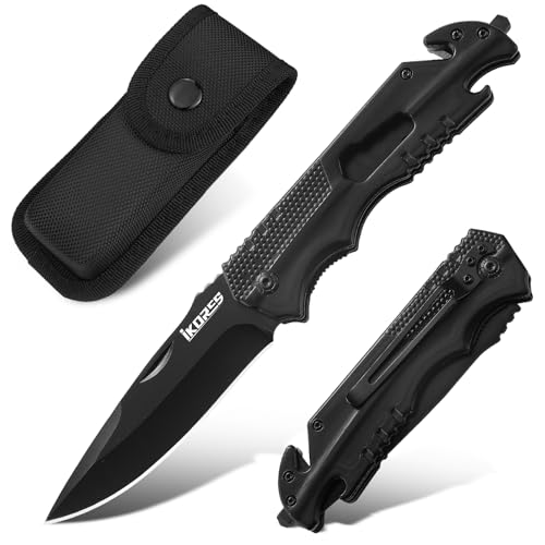 IKORES Taschenmesser (Zweihandmesser), Klappmesser mit Edelstahl-Griff und Taschenclip, 5-in-1 Edc Messer mit Nylonscheide, für Outdoor,Camping von IKORES