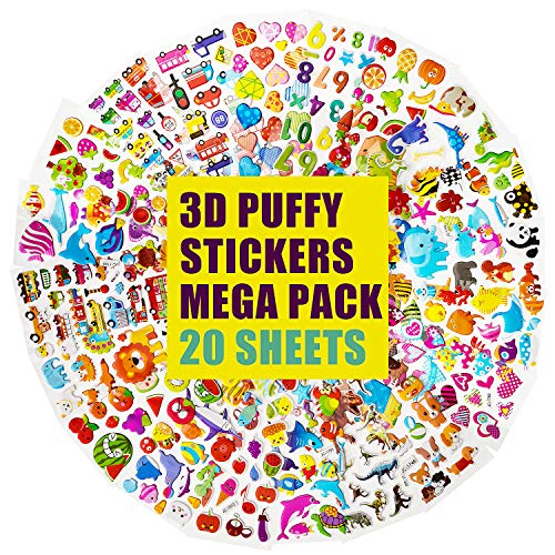 Aufkleber Kinder 500+, IKWOLETI 3D Sticker Set für Kinder und Kleinkinder, Sticker Kinder inkl. Dino, Tiere, Zahlen, Buchstaben, Autos und Mehr (20 Blätter) von IKWOLETI