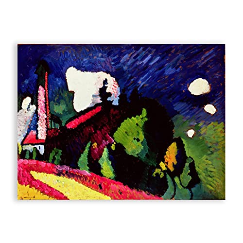 IKYE Wassily Kandinsky Leinwand Wandkunst Berühmte Gemälde Landschaft mit Kirchturm Reproduktionsposter. Abstrakte Kunstbilder für Heimdekoration, 70 x 98 cm (27,5 x 38,6 Zoll), Rahmenlos von IKYE