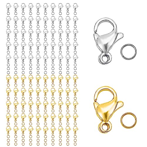 IKadiya 220 Stück Kettenverschluss, Karabinerverschluss Offenem Sprungringsatz, 100 Stück 12x6mm Armband Verschluss und 120 Stück 5mm Biegeringe, für Schmuckherstellung(Gold und Silber) von IKadiya