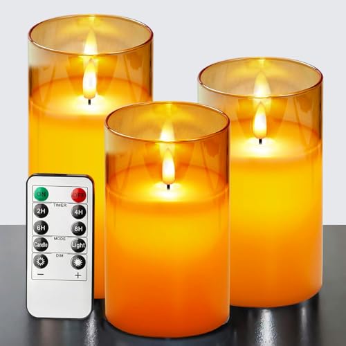 ILEEDear Gold Glas Flammenlose Kerzen mit Fernbedienung und Timer, Echtwachskerz, Batteriebetrieben, Zur Deko Wohnzimmer Schlafzimmer Badezimmer Weihnachtsdeko Halloween, 3er-Set von ILEEDear