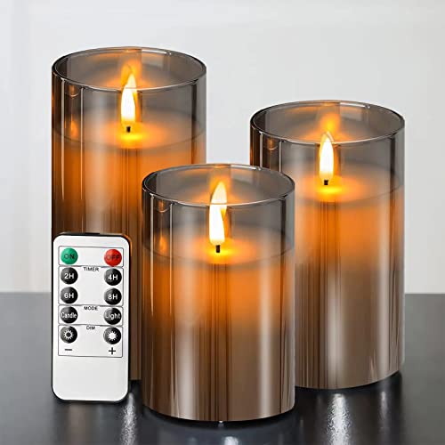 ILEEDear Grau Glas Flammenlose Kerzen mit Fernbedienung und Timer, Echtwachskerz, Batteriebetrieben, Zur Deko Wohnzimmer Schlafzimmer Badezimmer Weihnachtsdeko Halloween, 3er-Set von ILEEDear