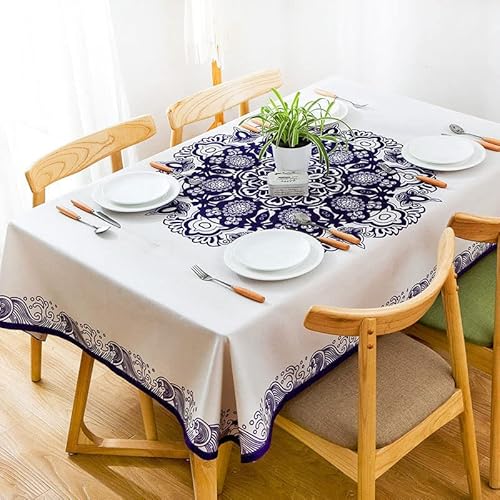 Tischdecke Blauer Bohemian-Stil Outdoor Tischdecke Tischdecke Wetterfest Abwaschbar Fleckschutz Knitterfrei Polyester Tischtuch für Garten Home Küche Tischdeko Geburtstag Tischplatte (150x213 cm) von ILMIRA