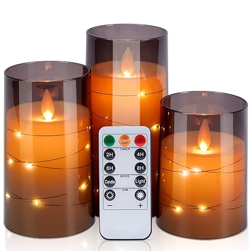 IMAGE Flackernde flammenlose Kerzen Batteriebetrieben, Acryl Shell Pillar LED-Kerzen mit 11-Tasten-Fernbedienung Timer für Hochzeit Weihnachten Home Decor Set von 3 (D3 in X H4 5 6 in), Grau von IMAGE
