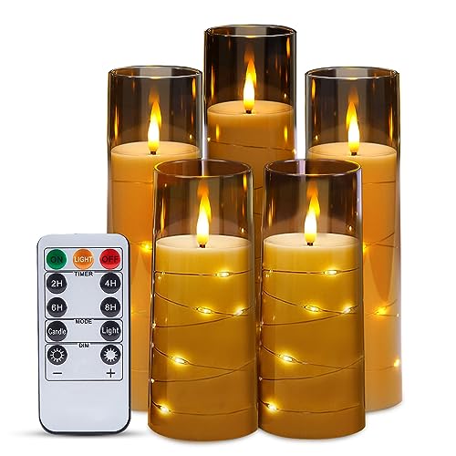 IMAGE Flackernde flammenlose Kerzen batteriebetrieben, Acryl Shell Pillar 3D Docht LED-Kerzen Timer für Hochzeit Weihnachten Home Decor Set von 5 (D2,3 in X H5 5 7 7 8 in), grau von IMAGE