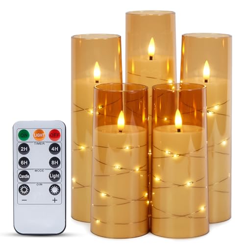 IMAGE Flackernde flammenlose Kerzen batteriebetrieben, Acryl Shell Pillar 3D Docht LED-Kerzen Timer für Hochzeit Weihnachten Home Decor Set von 5 (D2,3 in X H5 5 7 7 8 in),Golden von IMAGE