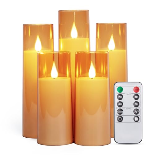 IMAGE Flackernde flammenlose Kerzen batteriebetrieben, Acryl Shell Pillar 3D Docht LED-Kerzen mit Timer für Hochzeit Weihnachten Valentinstag Huas Deko, Set von 5 (D2,3 in X H5 5 7 7 8 in),Golden von IMAGE