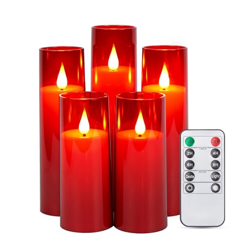 IMAGE Flackernde flammenlose Kerzen batteriebetrieben, Acryl Shell Pillar 3D Docht LED-Kerzen mit Timer für Hochzeit Weihnachten Home Decor Set von 5 (D2,3 in X H5 5 7 7 8 in),Rot von IMAGE