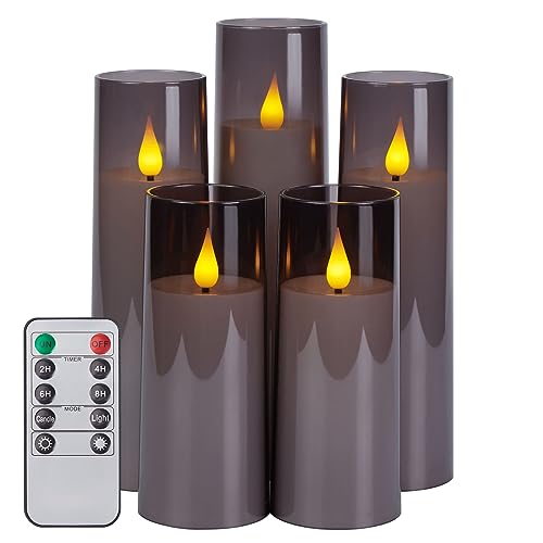 IMAGE Flackernde flammenlose Kerzen batteriebetrieben, Acryl Shell Pillar 3D Docht LED-Kerzen mit Timer für Hochzeit Weihnachten Home Decor Set von 5 (D2,3 in X H5 5 7 7 8 in), grau von IMAGE