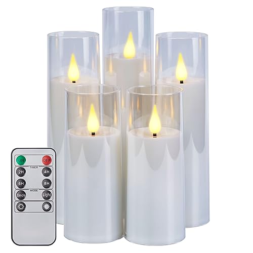 IMAGE Flackernde flammenlose Kerzen batteriebetrieben, Acryl Shell Pillar 3D Docht LED-Kerzen mit Timer für Hochzeit Weihnachten Home Decor Set von 5 (D2,3 in X H5 5 7 7 8 in), weiß von IMAGE