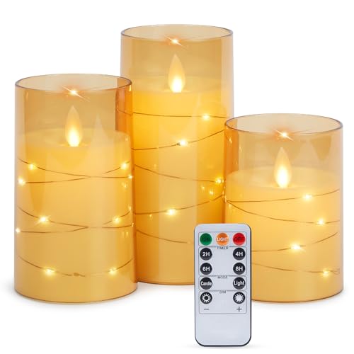 IMAGE Flackernde flammenlose Kerzen Batteriebetrieben, Acryl Shell Pillar LED-Kerzen mit 11-Tasten-Fernbedienung Timer für Hochzeit Weihnachten Home Decor Set von 3 (D3 in X H4 5 6 in), Golden von IMAGE