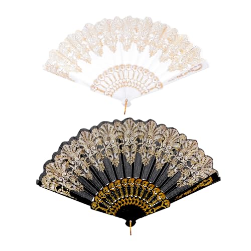 IMIKEYA 2st Gold-Fan Ornament-Fan Faltfächer Aus Seide Spitzenfächer Für Damen Lüfter Vintage Retro-Fan Faltfächer Aus Stoff Faltbarer Hochzeitsfächer Plastik Braut Papierfächer von IMIKEYA