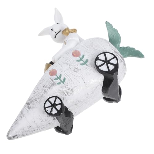 IMIKEYA Osterhasenstatue Halterrost gedrucktes Kaninchen Tierformen Hasendekoration Hasenohr Hase Hase-Figur aus Kunstharz Karotten Wagen Hase Miniatur-Holzfiguren Hase Miniaturfigur Weiß von IMIKEYA