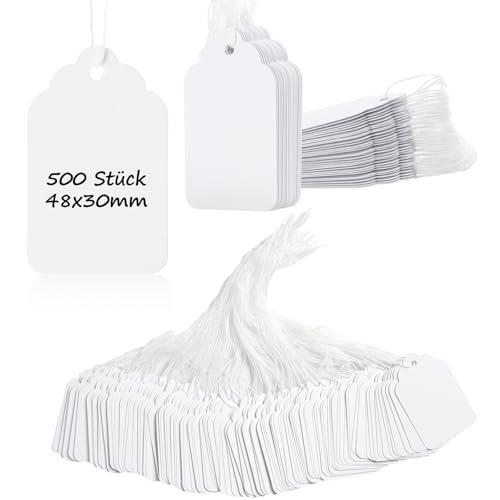 500 Stück Kraftpapier Anhänger Etiketten Weiß 48x30mm Preisschilder mit Faden Markierungsetiketten Hängeetiketten Geschenkanhänger für Geschenke Schmuck Weihnachten Hochzeit Flohmarkt von IMPPTE