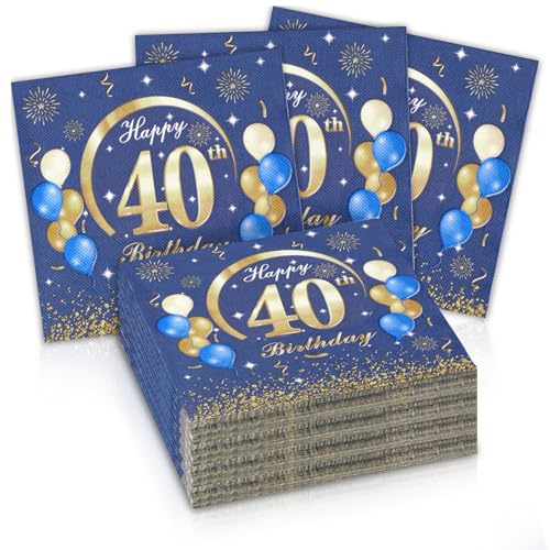 60 Stück Servietten 40 Geburtstag 33 x 33 cm Servietten Blau Gold Papierservietten Geburtstagsservietten Happy Birthday Servietten Tischdeko für 40. Geburtstag Mann Frau Jubiläum von IMPPTE