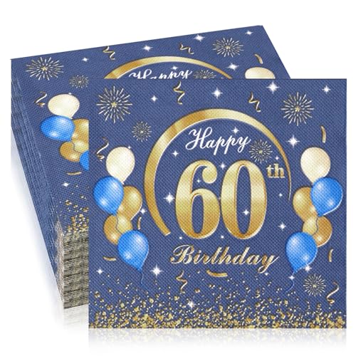 60 Stück Servietten 60 Geburtstag 33 x 33 cm Servietten Blau Gold Papierservietten Happy Birthday Servietten Geburtstagsservietten Tischdeko für 60. Geburtstag Mann Frau Jubiläum von IMPPTE