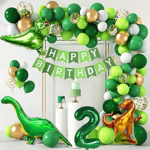 INCETUE 134pcs Dinosaurier Geburtstag Dekoration, 2nd Birthday Party Luftballons Set mit Happy Birthday Banner, Großer Dino Folienballon Dschungel Grün Party Thema Dekoration Supplies Kit für Jungen von INCETUE