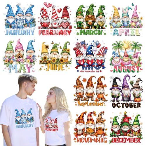 INCOK Gnome Bügelbilder für T-Shirts – 12 Blatt verschiedene Jahreszeiten, DTF Transfers bereit zum Drücken, 12 Monate Muster zum Aufbügeln Aufkleber für Kleidung, Jacke, Kapuzenpullover, Kissen, DIY INCOK Gnome Bügelbilder für T-Shirts – 12 Blatt verschiedene Jahreszeiten, DTF Transfers bereit zum Drücken, 12 Monate Muster zum Aufbügeln Aufkleber für Kleidung, Jacke, Kapuzenpullover, Kissen, DIY von INCOK