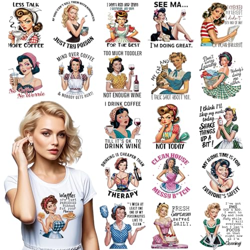 INCOK Vintage Frauen Bügelbild – 20 Blatt Retro Hausfrau Bügelbilder Patches Lustige DTF Ready to Press Heat Transfers Aufkleber für T-Shirts, Hoodie, Kleidung, Jeans, Tasche, DIY Handwerk von INCOK