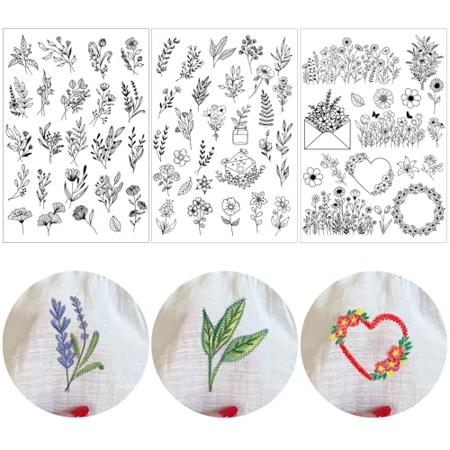 Wasserlösliche Blumen-Stickmuster, 66 Stück Stick- und Stich-Stickpapier mit vorgedruckten Blumen- und Blättermuster-Transfers, DIY-Geschenke für Handnähliebhaber, Anfänger von INCOK