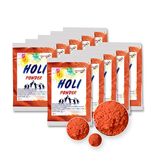 INDIAN STORE 24 10 Beutel Holi Gulal Pulver wasserlöslich Natural Festival Fotoshooting Rangoli Colors Regenbogen Powder holy farbbeutel Glitzer Farbpulver Fotos (Safety Orange, Orange) von INDIAN STORE 24