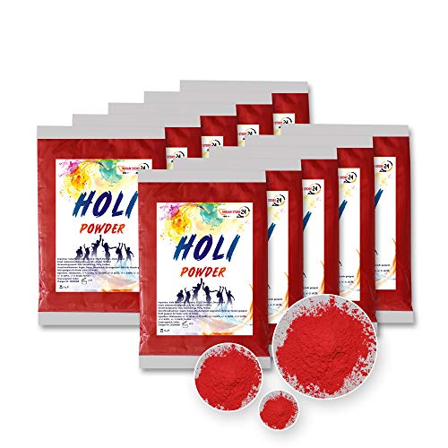 INDIAN STORE 24 10 Beutel Holi Gulal Pulver wasserlöslich Natural Festival Fotoshooting Rangoli Colors Regenbogen Powder holy farbbeutel Glitzer Farbpulver Fotos (Red,rot) von INDIAN STORE 24