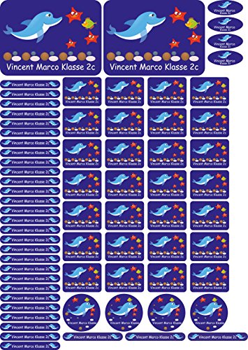 INDIGOS UG® Namensaufkleber Sticker - A4-Bogen - 014 - Delphin - 69 Sticker für Kinder, Schule und Kindergarten - Stifte, Federmappe, Lineale - auch für Erwachsene - individueller Aufdruck von INDIGOS UG
