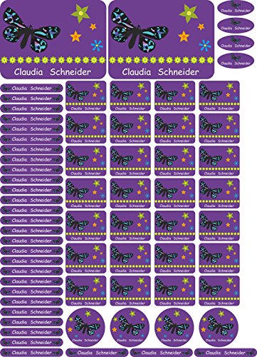 INDIGOS UG® Namensaufkleber Sticker - A4-Bogen - 047 - Schmetterling - 69 Sticker für Kinder, Schule und Kindergarten - Stifte, Federmappe, Lineale - auch für Erwachsene - individueller Aufdruck von INDIGOS UG
