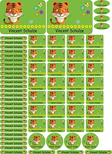 INDIGOS UG® Namensaufkleber Sticker - A4-Bogen - 090 - Tiger - 69 Sticker für Kinder, Schule und Kindergarten - Stifte, Federmappe, Lineale - auch für Erwachsene - individueller Aufdruck von INDIGOS UG