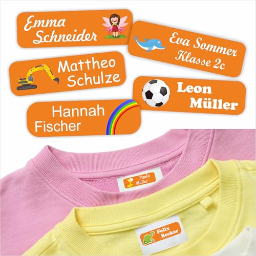 INDIGOS UG Namensaufkleber Wäschetikett orange Spezial - 35x10mm - 60 Stück Aufkleber für Kleidung, Kinder, Schule, Kindergarten, KITA - gedruckte Wäsche-Etiketten in Spitzenqualität von INDIGOS UG