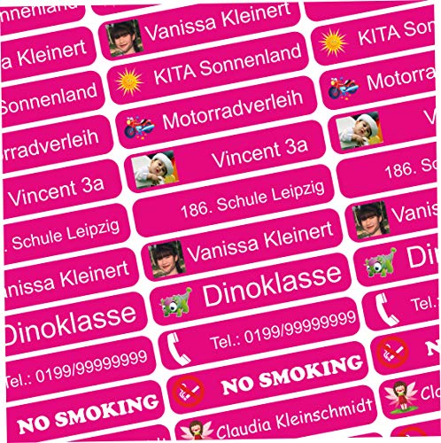 INDIGOS UG® Namensaufkleber mit Ihrem Bild - Foto - 36x7 mm - 300 Stück für Kinder, Schule und Kindergarten - Stifte, Federmappe, Lineale - Hintergrund pink - individuelles Motiv hochladen von INDIGOS UG