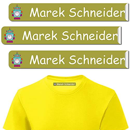 INDIGOS UG® Personalisierbare Bügeletiketten Wäscheetiketten mit Namen - 6x1cm - Namensetiketten Etiketten - 018 - Roboter - 10-480 Schule KITA zum Einbügeln Wäscheschilder Namensschilder von INDIGOS UG