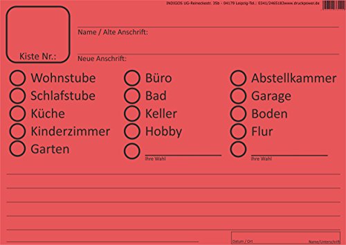 INDIGOS UG® - Umzugsetiketten 100 Stück ROT - ideall zum Beschriften beim Umzug für Möbel und Kisten - Aufkleber DIN A6 von INDIGOS UG