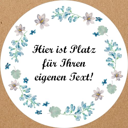 INDIGOS UG - Aufkleber Blumenmuster - bunt - blauer Blumenkranz - Wunschtext - 54 Stück - 30mm - individuell personalisiert - selbstklebende Etiketten Dekoration Verpackung von Geschenken von INDIGOS UG