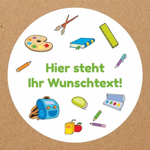 INDIGOS UG - Aufkleber Schulanfang - Schulsachen bunt - 35 Stück - 40mm - individuell personalisiert - selbstklebende Etiketten - Einschulung - Dekoration und Verpackung für den Schulanfang von INDIGOS UG