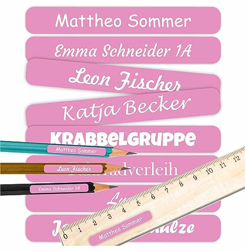 INDIGOS UG Namensaufkleber für Kinder, Schule & Kita - rosa - Aufkleber mit Namen für Schulsachen - individuell personalisiert - wasserfest für die Spülmaschine - 150 Stück von INDIGOS UG