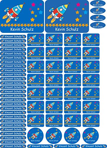 Personalisierbare Bügeletiketten 69 Wäscheetiketten mit Namen - 108 - Rakete - Namensetiketten Etiketten Schule KITA zum Einbügeln Wäscheschilder Namensschilder mit Motiv von INDIGOS UG